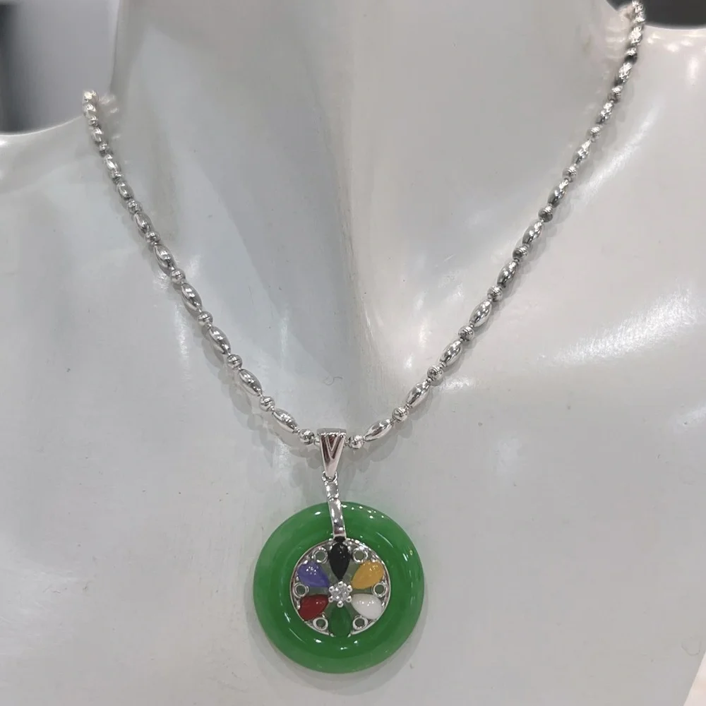 Burmese Multi Jade Zircon Sterling Silver Wheel Pendant  Necklace